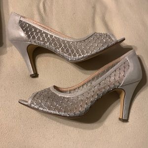 Silver peep toe heels